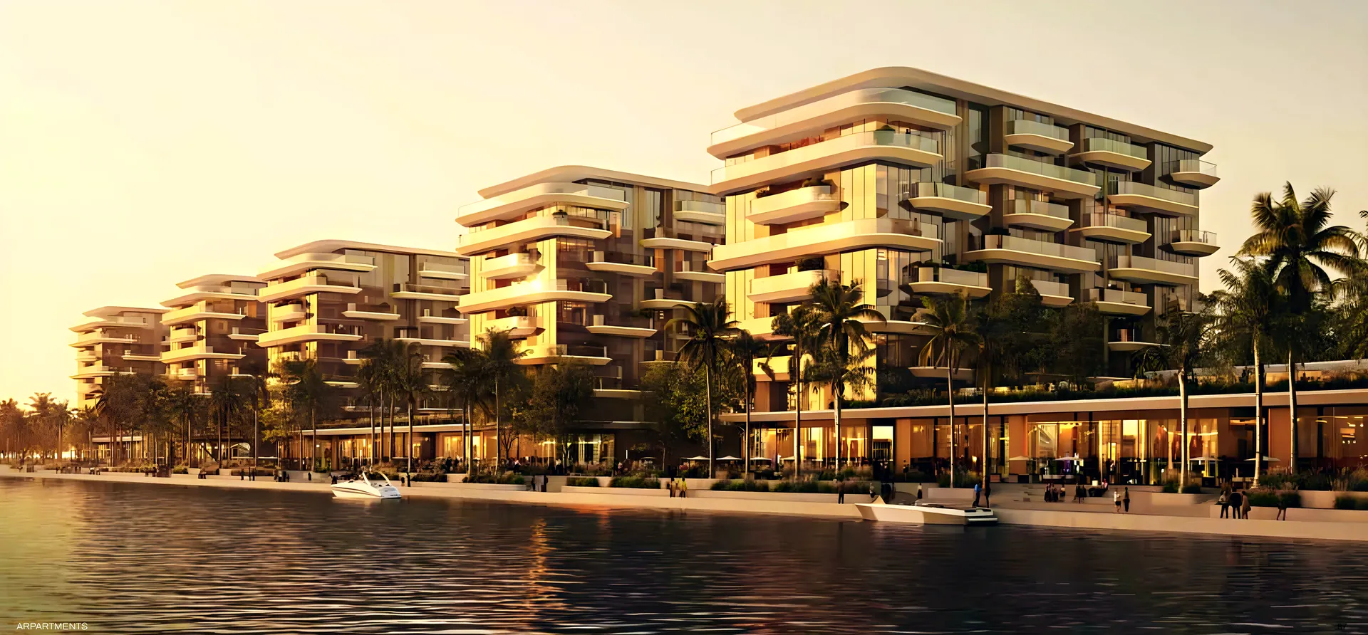Apartment buildings on the canal at golden hour