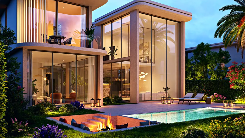 A five bedroom villa at Manchester City Yas Residences at dusk