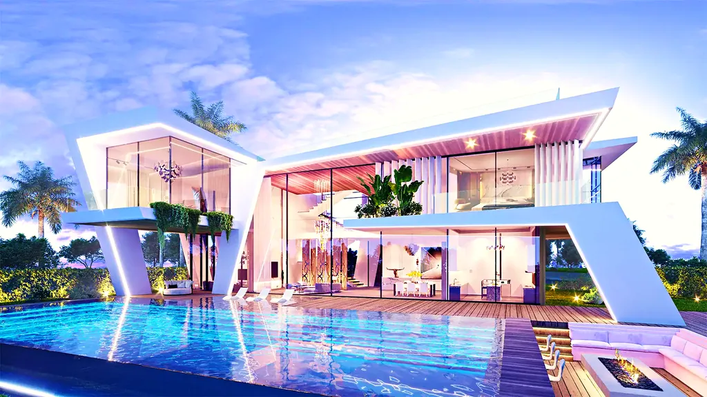 A white villa and its pool at dusk