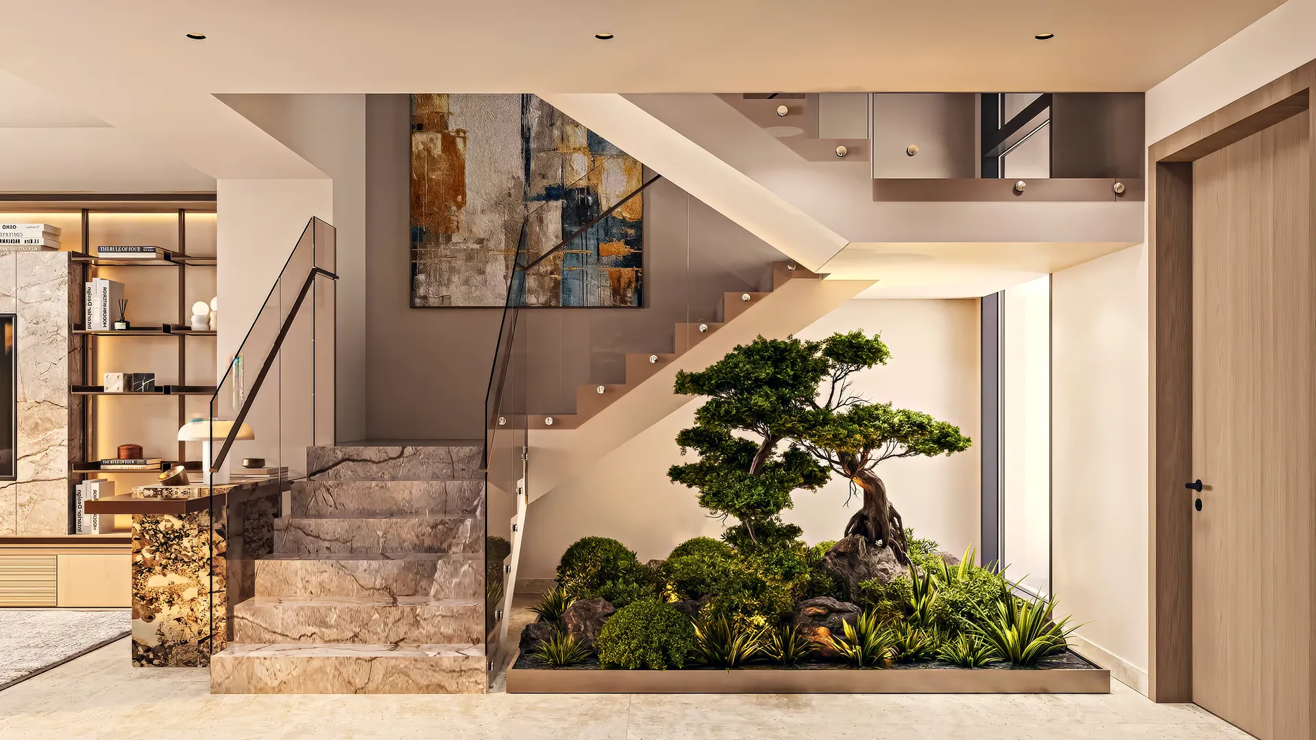 Interior of a new villa with a stone staircase and an indoor garden