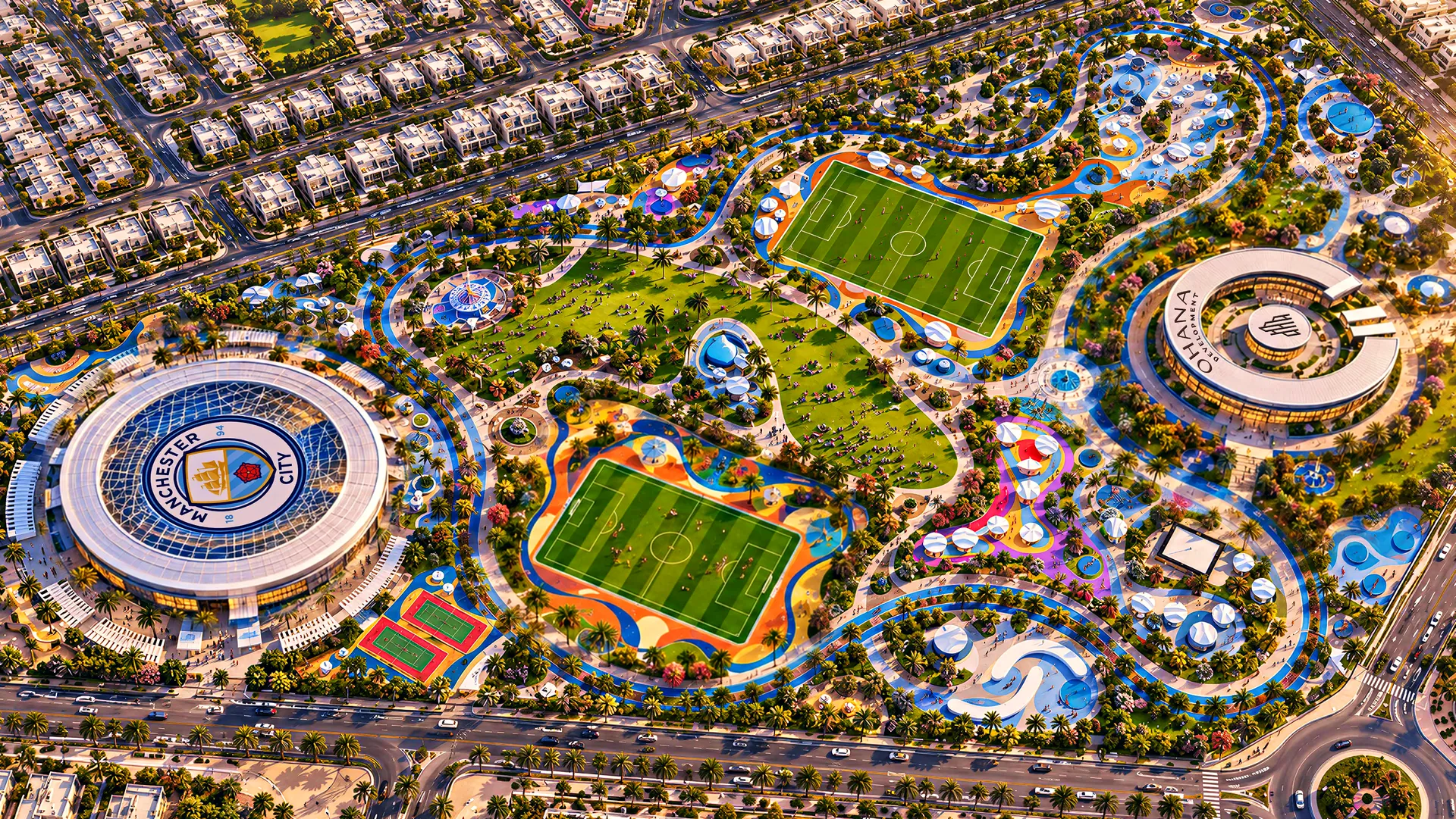 Manchester City Park from the air at golden hour
