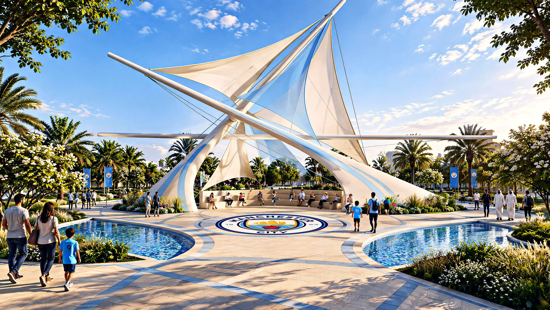 The sculpted canopy above its pool